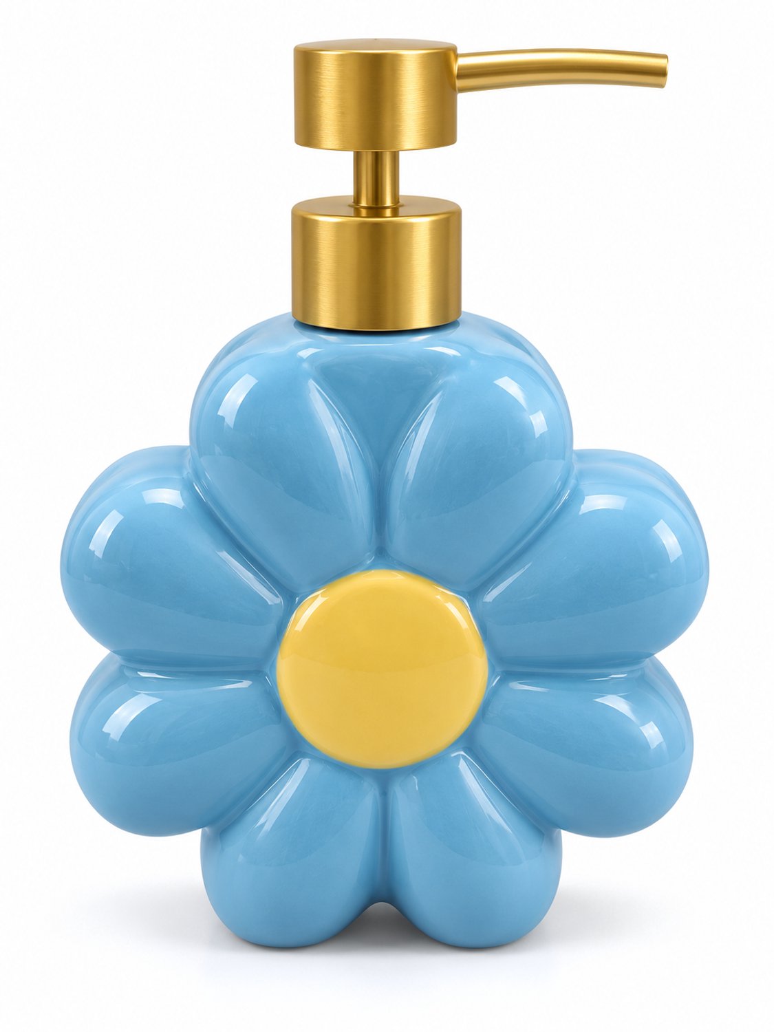 Bloem Zeepdispenser – Keramische Zeeppomp – Blauw met Gouden Pomp – Handzeep Dispenser – Badkamer & Keuken