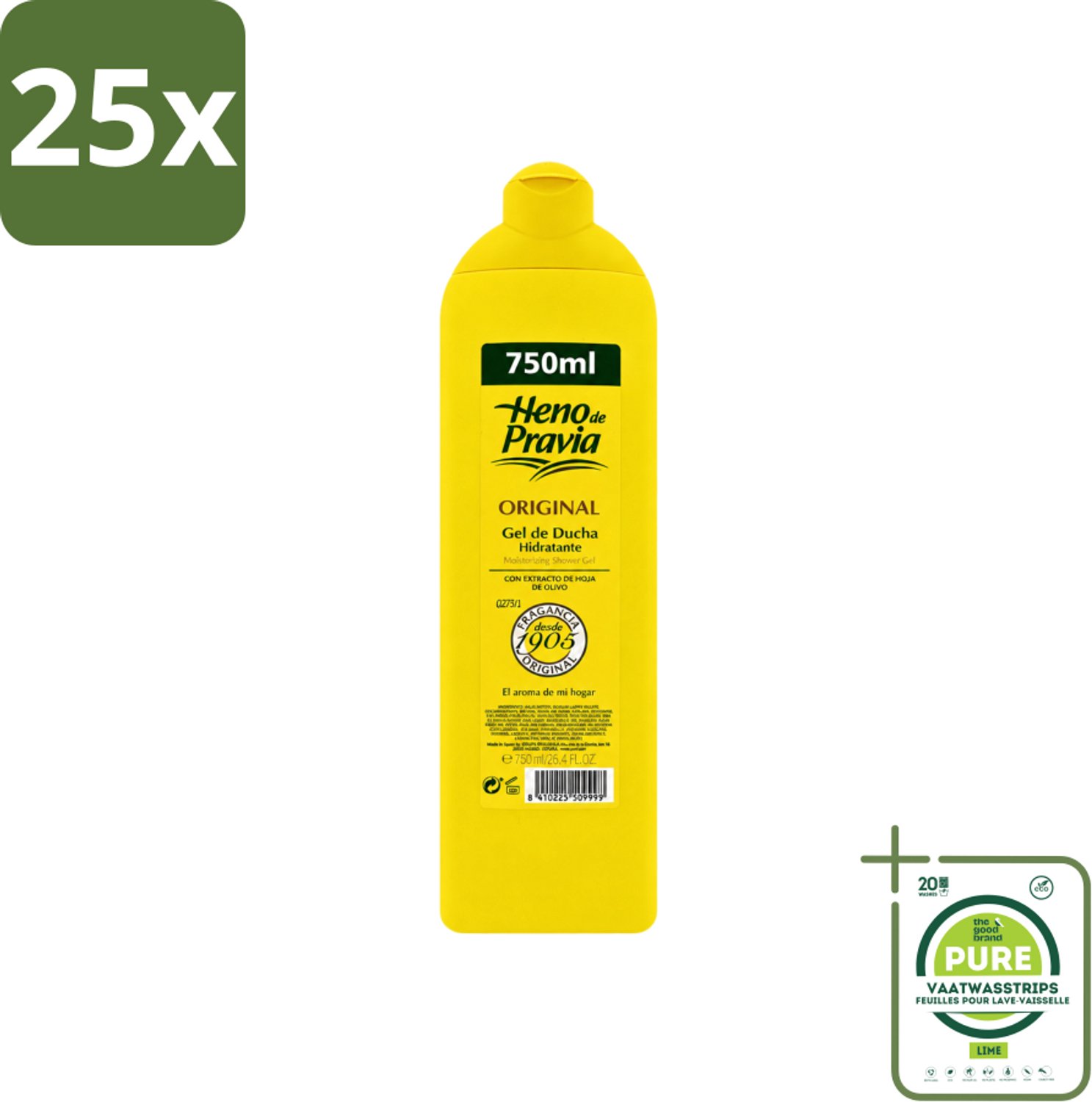 25 x Heno De Pravia - Douchegel - Original Geur - 750 ml - Grootverpakking - Vaatwasstrips - Douchegel - Huid Verzorging - Frisheid - Spaanse Geur - Mild Reinigen