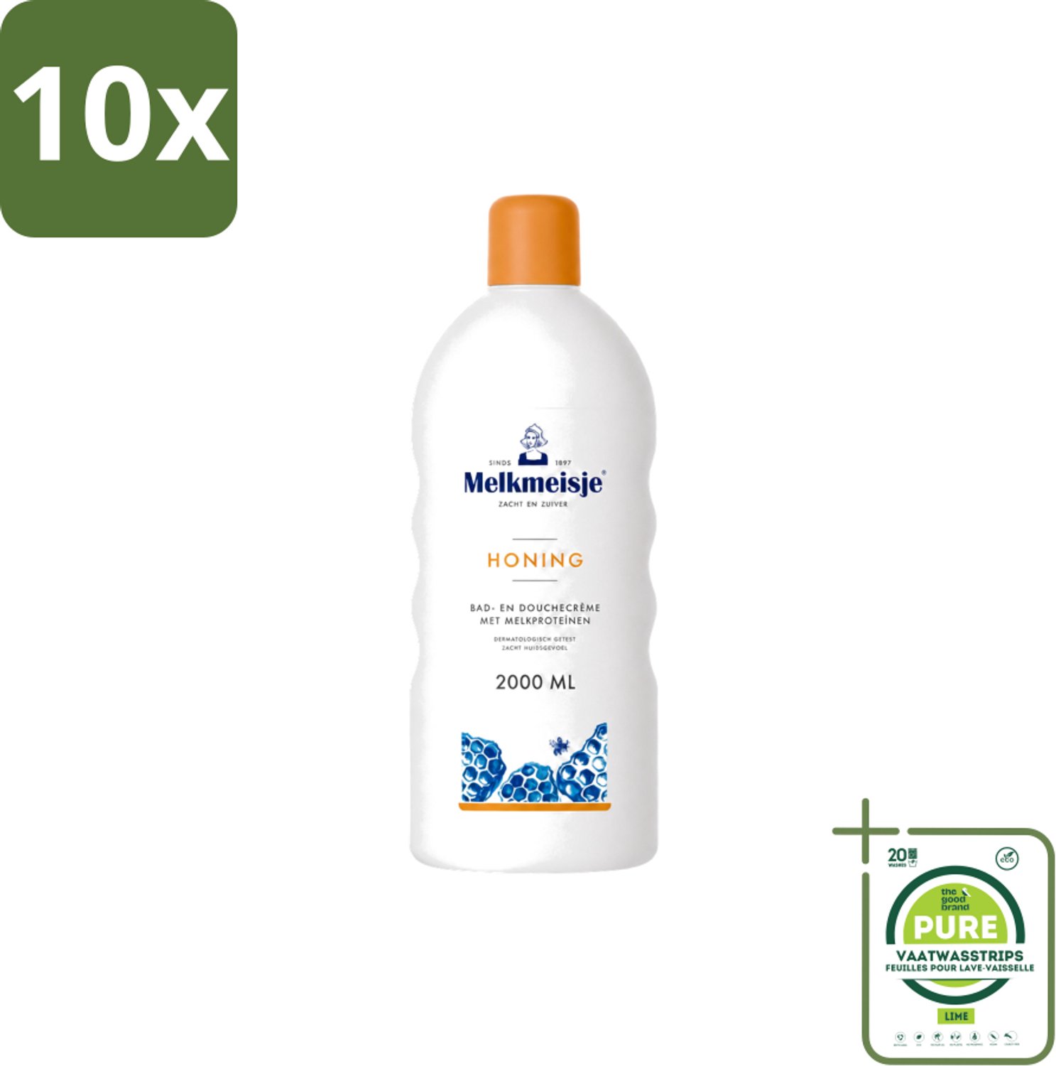 10 x Melkmeisje – Bad & Douche – Honing – 2000 ml - Grootverpakking - Vaatwasstrips - Melkmeisje Bad En Douche - Bad En Douche Crème - Melkproteïnen - Honing - Huid Verzorging