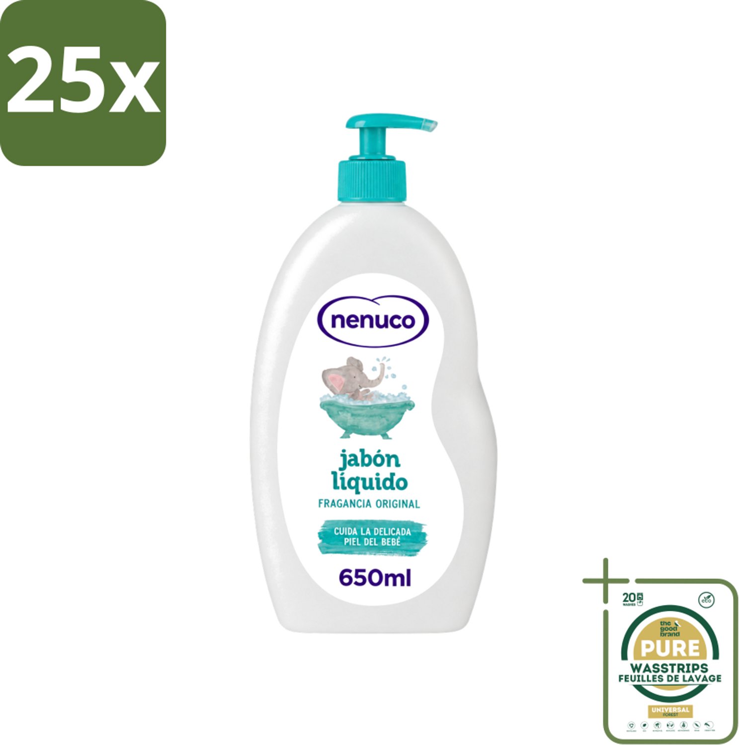 25 x Nenuco - Jabon Líquido - Vloeibare Zeep - Originele Geur - Met Doseerpomp - 650 ml - Wasstrips - Vloeibare Zeep - Handzeep - Douchegel - Badzeep - Baby Zeep