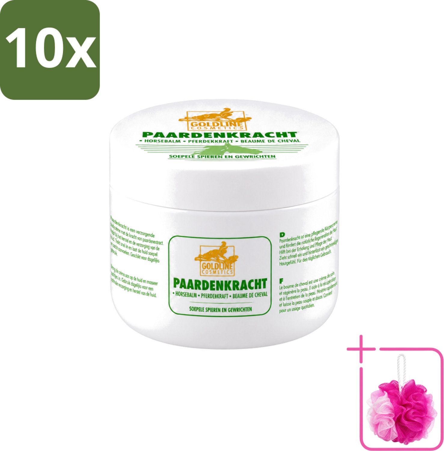 10 x Goldline - Bodycrème - Paardenkracht - Herstel & Verzorging - 250 ml - Bulkverpakking - Paardenkracht bodycrème - Douchemop - Huid herstel