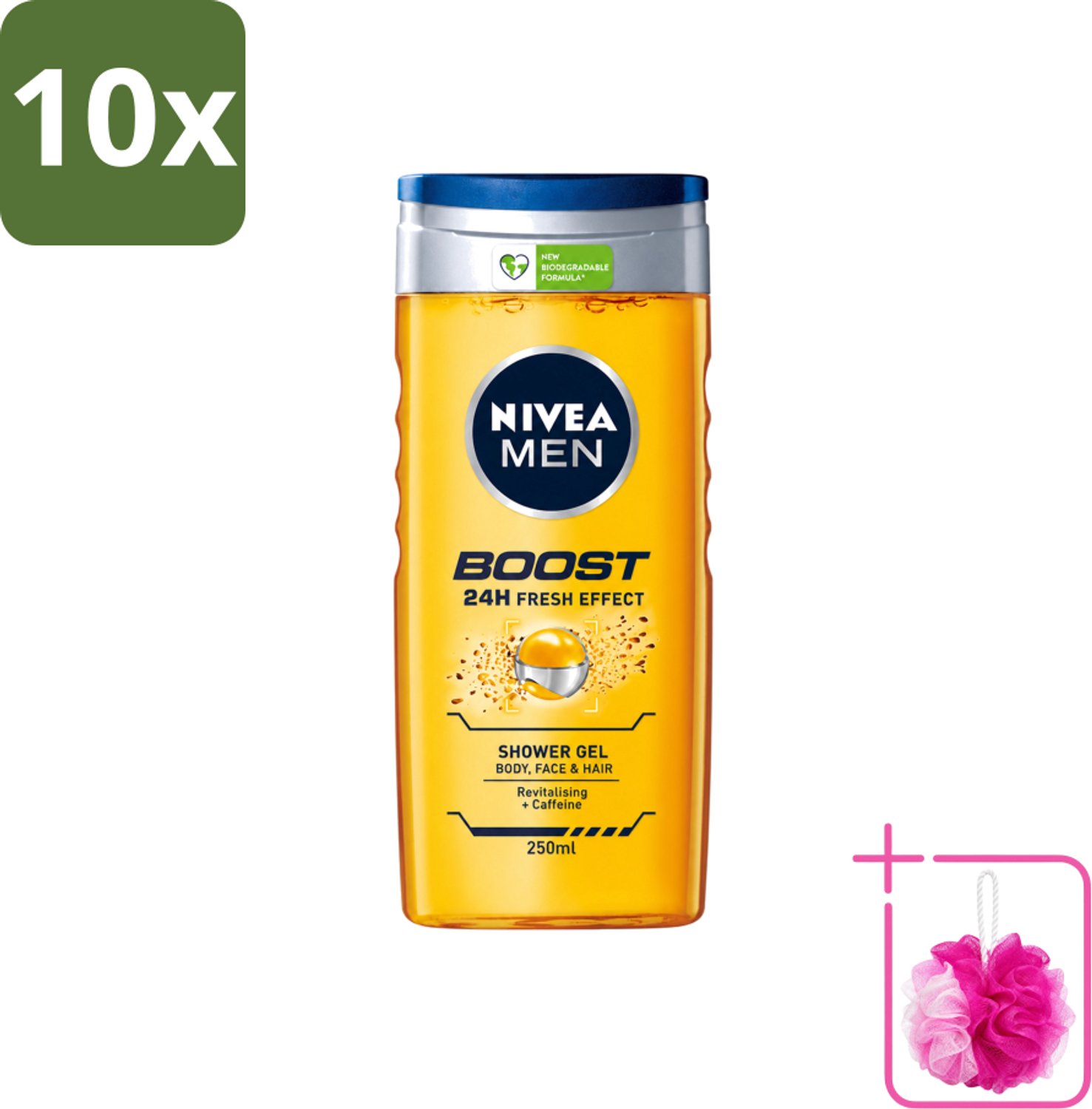 10 x Nivea - Men - Boost Douchegel - 24 Uur Lang Effect - 250 ml - Bulkverpakking - Douchegel - Douchemop - Cafeïne