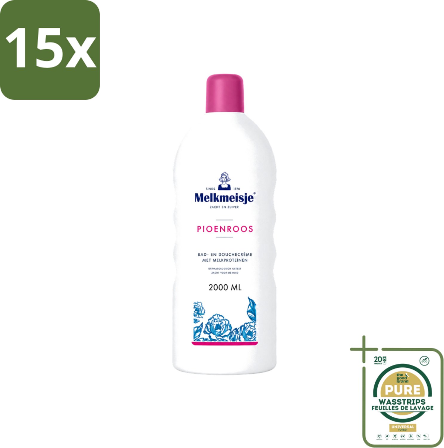 15 x Melkmeisje - Bad & Douche - Pioenroos Geur - Verzorgend & Hydraterend - 2000 ml - Wasstrips - Douchecrème - Melkproteïnen - Katoen - Huidverzorging - Pioenroos