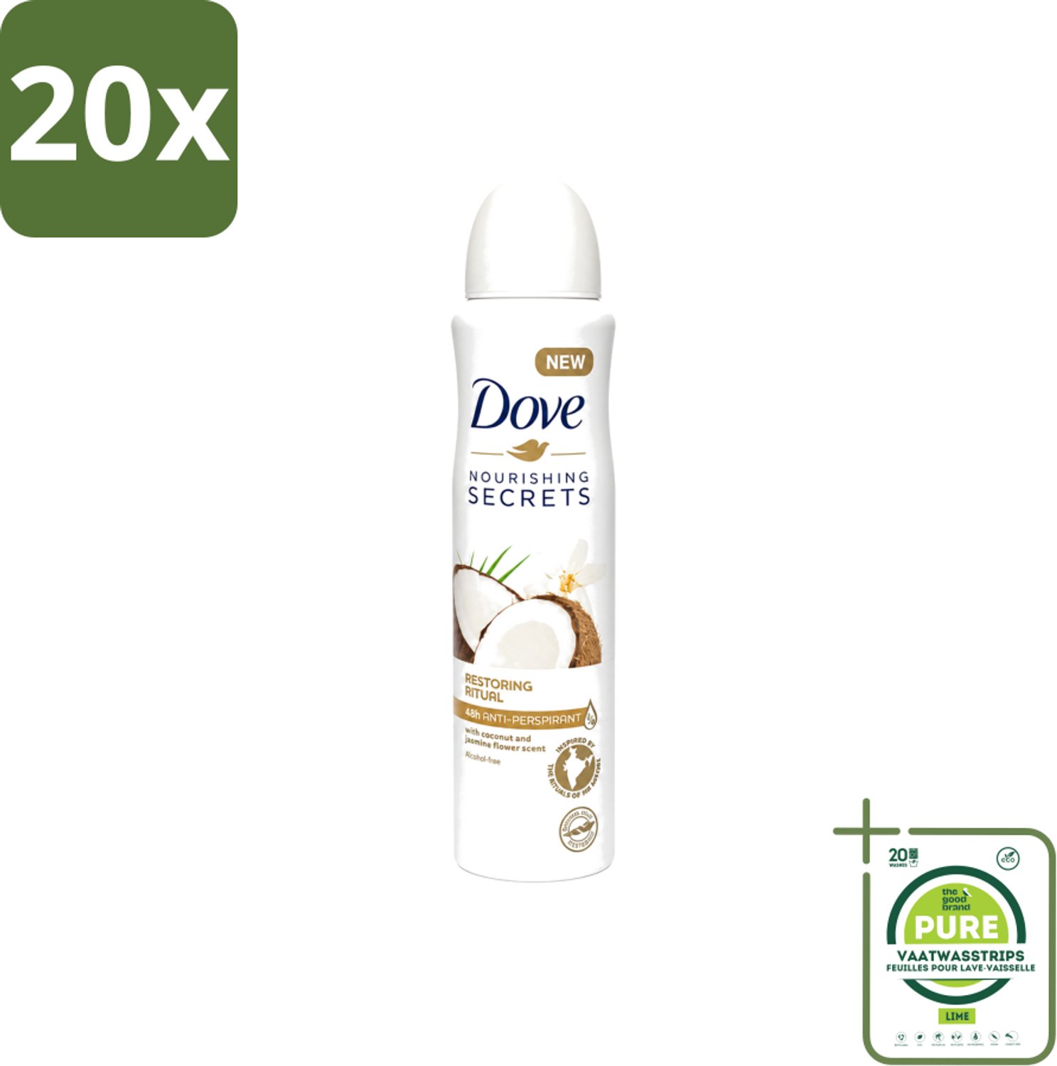 20 x Dove – Deodorant Spray – Restoring Ritual Cocos & Jasmijn – 150 ml - Grootverpakking - Vaatwasstrips - Deodorant Spray - Okselverzorging - Kokos En Jasmijn - Alcoholvrije Deodorant - Huidverzorging
