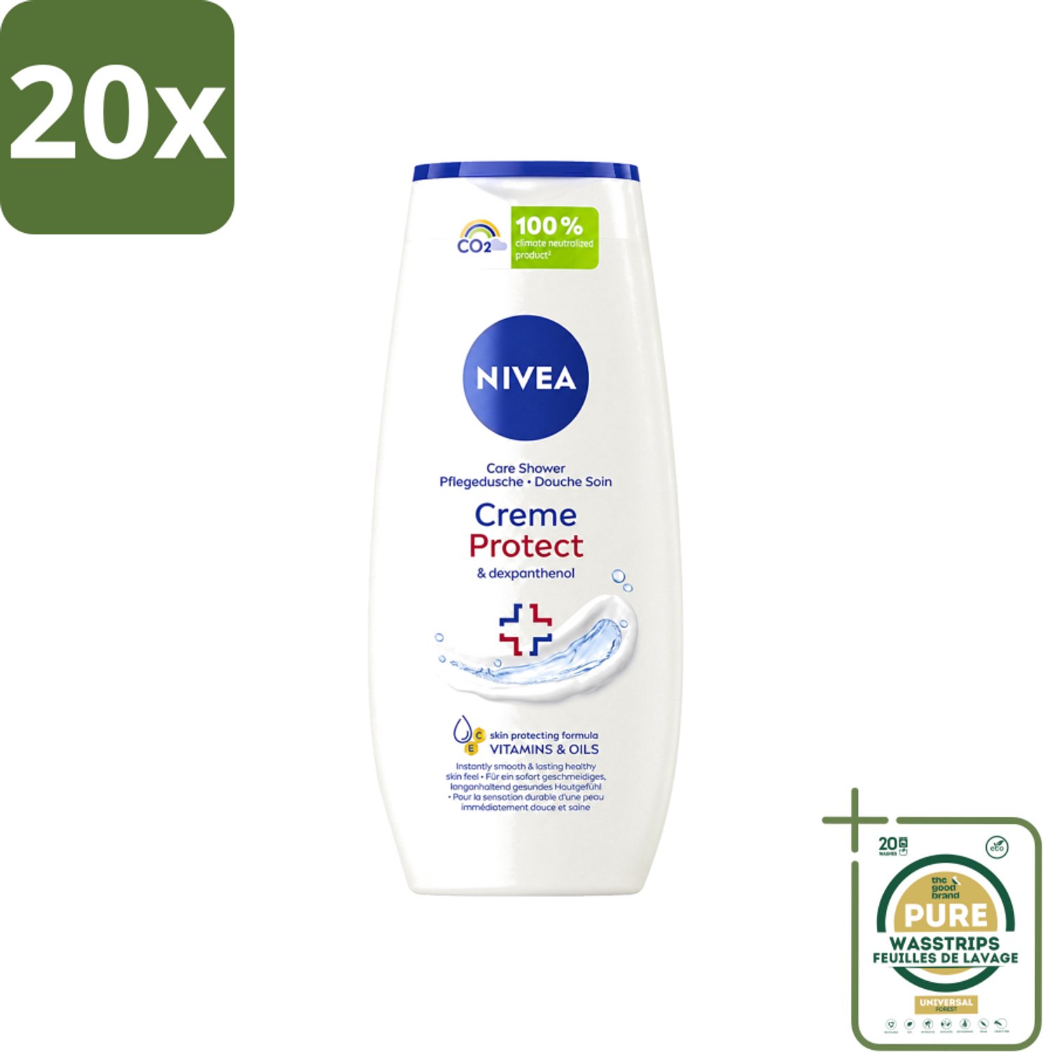 20 x Nivea - Douchegel - Crème Protect & Dexpantenol - Unieke Nivea Crème Geur - 250 ml - Wasstrips - Douchegel - Huidverzorging - Vitamine C - Vitamine E - Dexpanthenol
