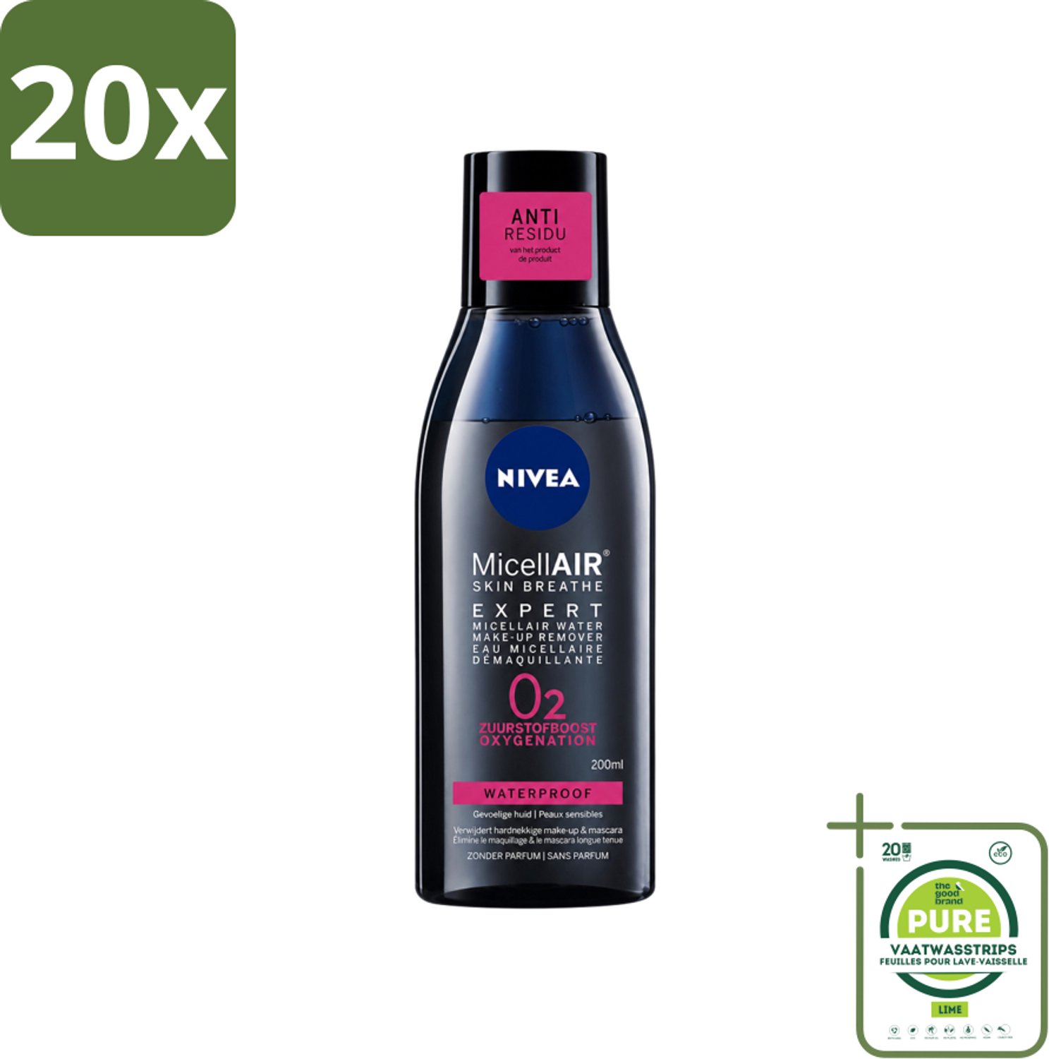 20 x Nivea - Expert Make-up Remover - Micellair Water - Gezichtsreinigingsmiddel - 200 ml - Grootverpakking - Vaatwasstrips - Make-up Verwijderen - Gezichtsreiniger - Micellen - Zuurstofboost - Huid Ademen