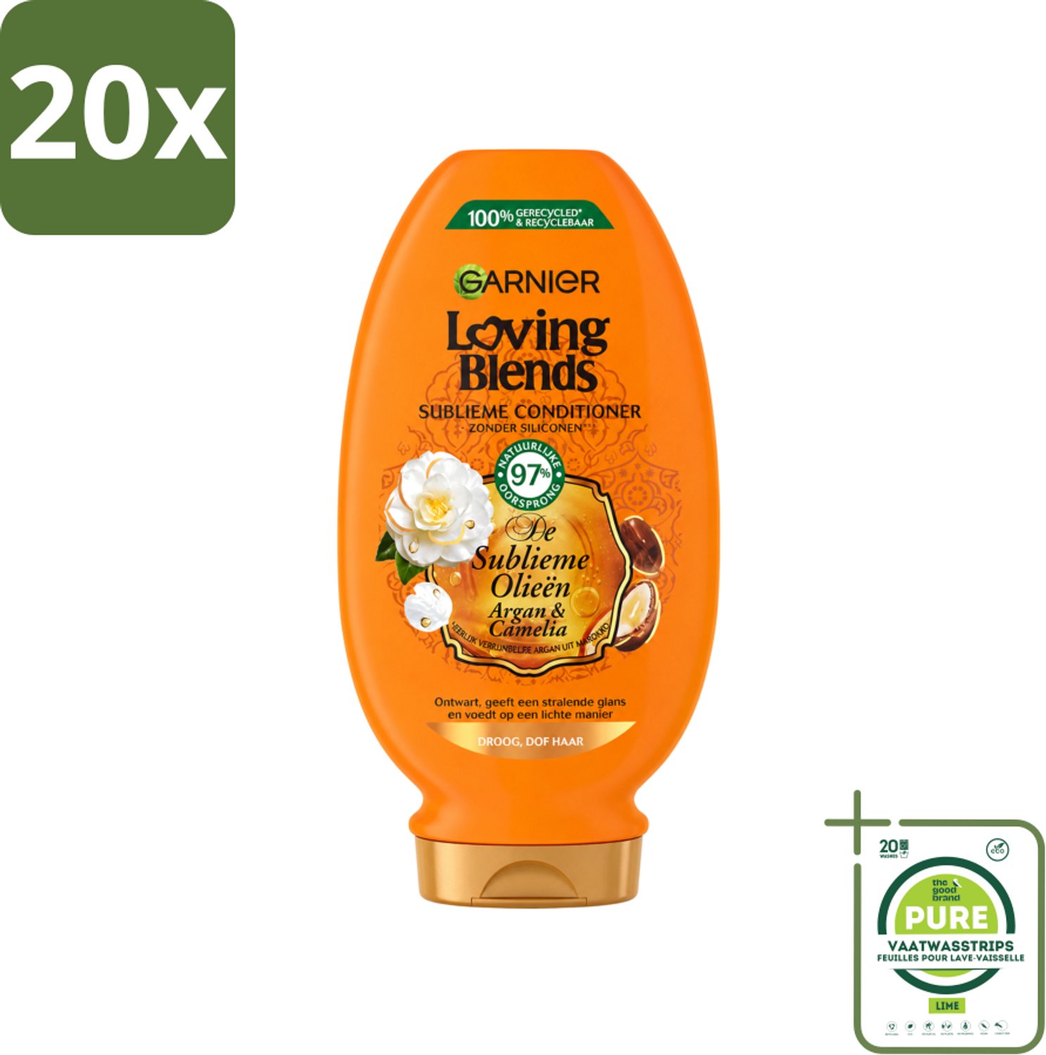 20 x Garnier - Loving Blends - Conditioner - Argan & Cameliaolie - Droog & Dof Haar - 250 ml - Grootverpakking - Vaatwasstrips - Droog Haar - Dof Haar - Voeding Haar - Glans Haar - Arganolie