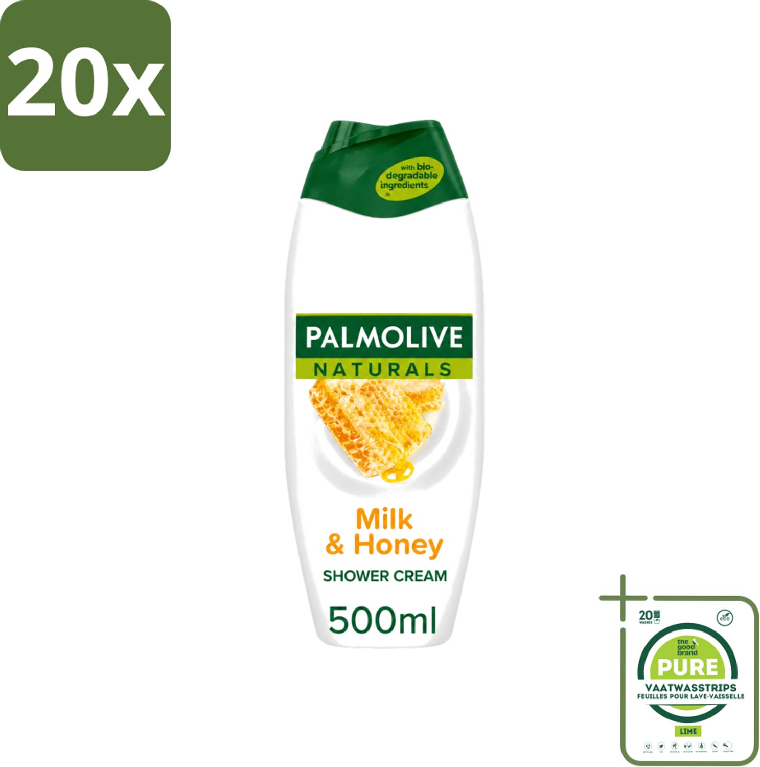 20 x Palmolive Naturals - Douchecrème - Melk & Honing - 500 ml - Grootverpakking - Vaatwasstrips - Douchegel Melk Honing - Natuurlijke Douchegel - Hydraterende Douchegel - Verzorgende Douchegel - Honinggeur
