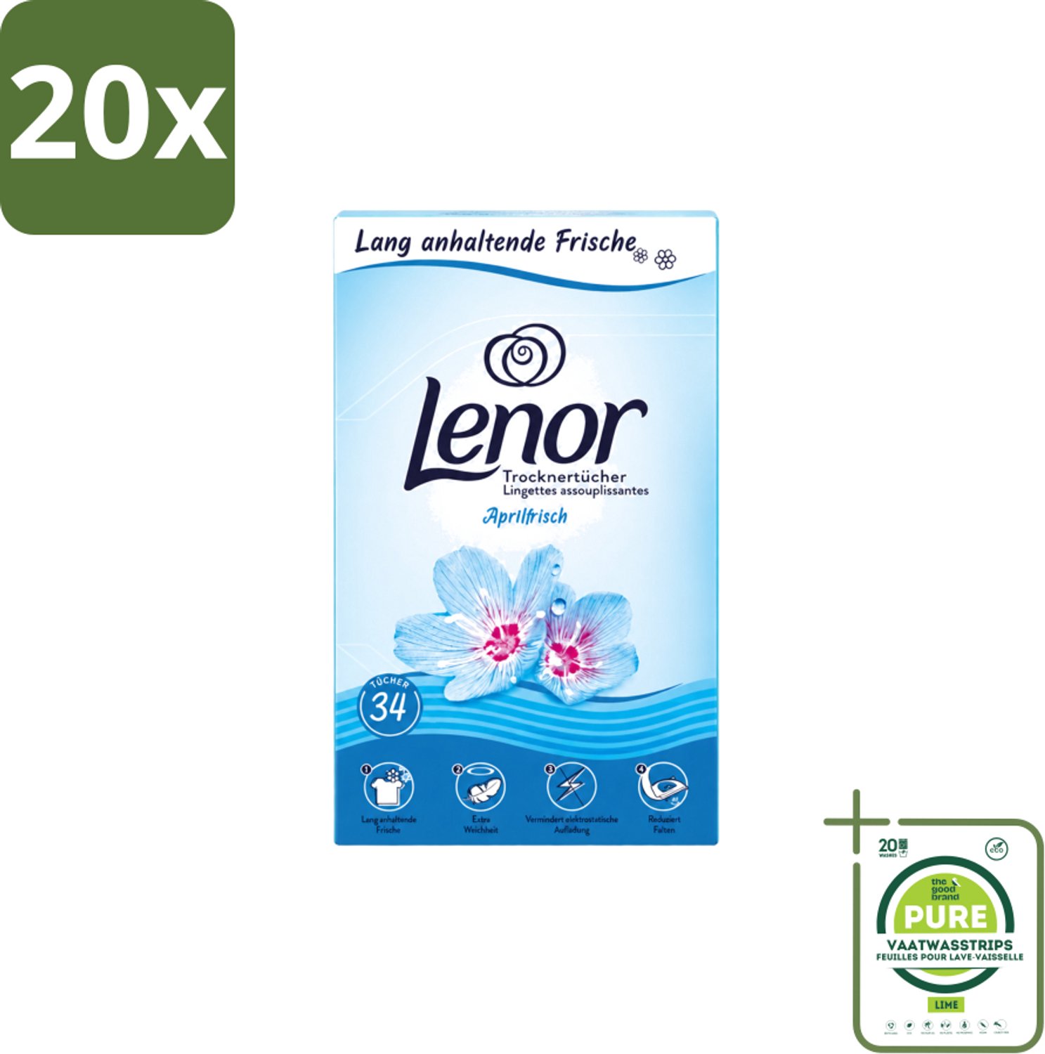 20 x Lenor - Droogtrommeldoekjes - Aprilfris - Textielverfrisser - 34 Doekjes - Grootverpakking - Vaatwasstrips - Droogtrommeldoekjes - Frisheid - Wasdoekjes - Statische Elektriciteit - Wasgoed
