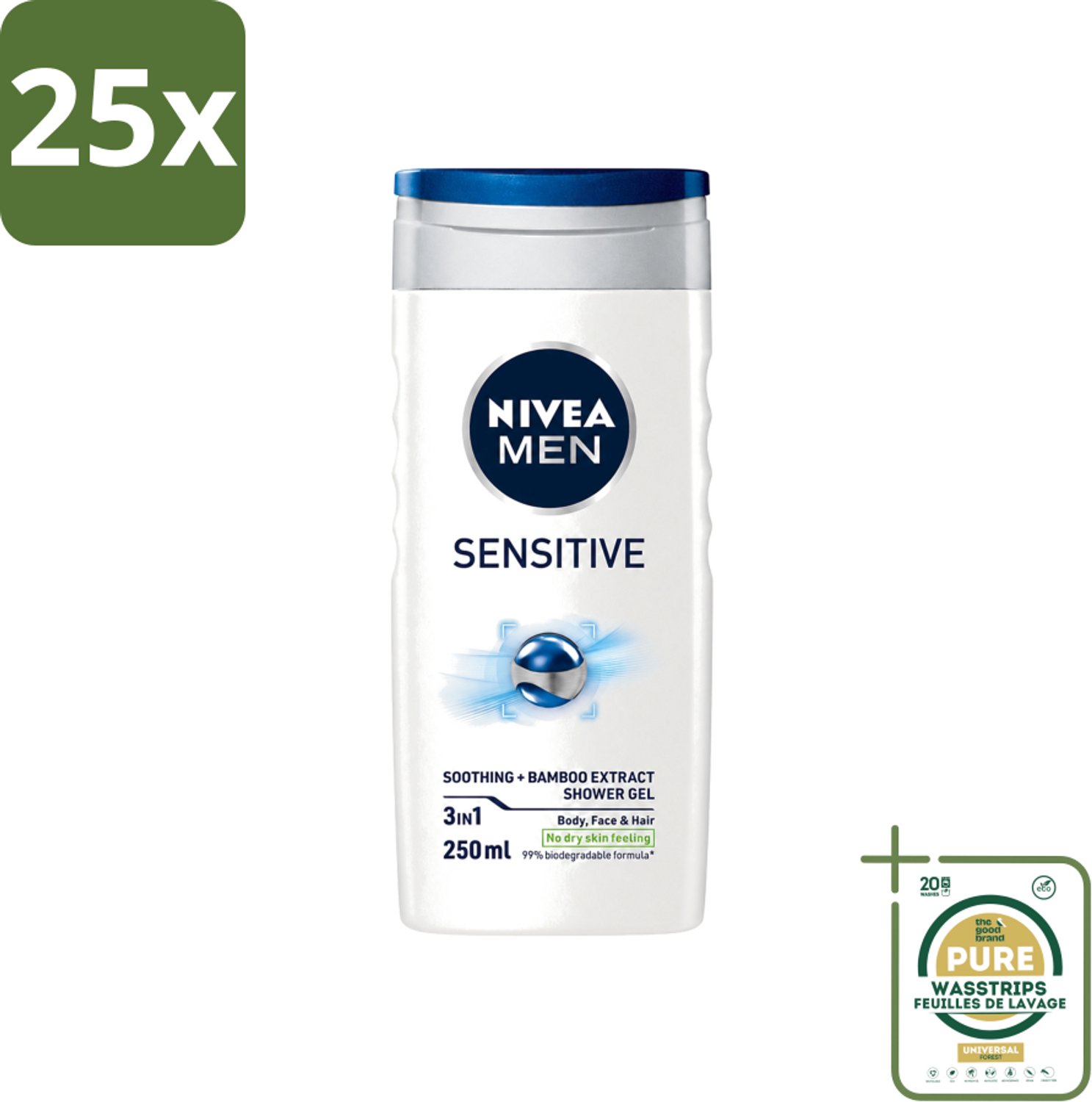 25 x Nivea - Men - Sensitive Douchegel - Hydraterend - 250 ml - Wasstrips - Gevoelige Huid - Douchegel - Hydraterend - Huidverzorging - Mannelijke Geur