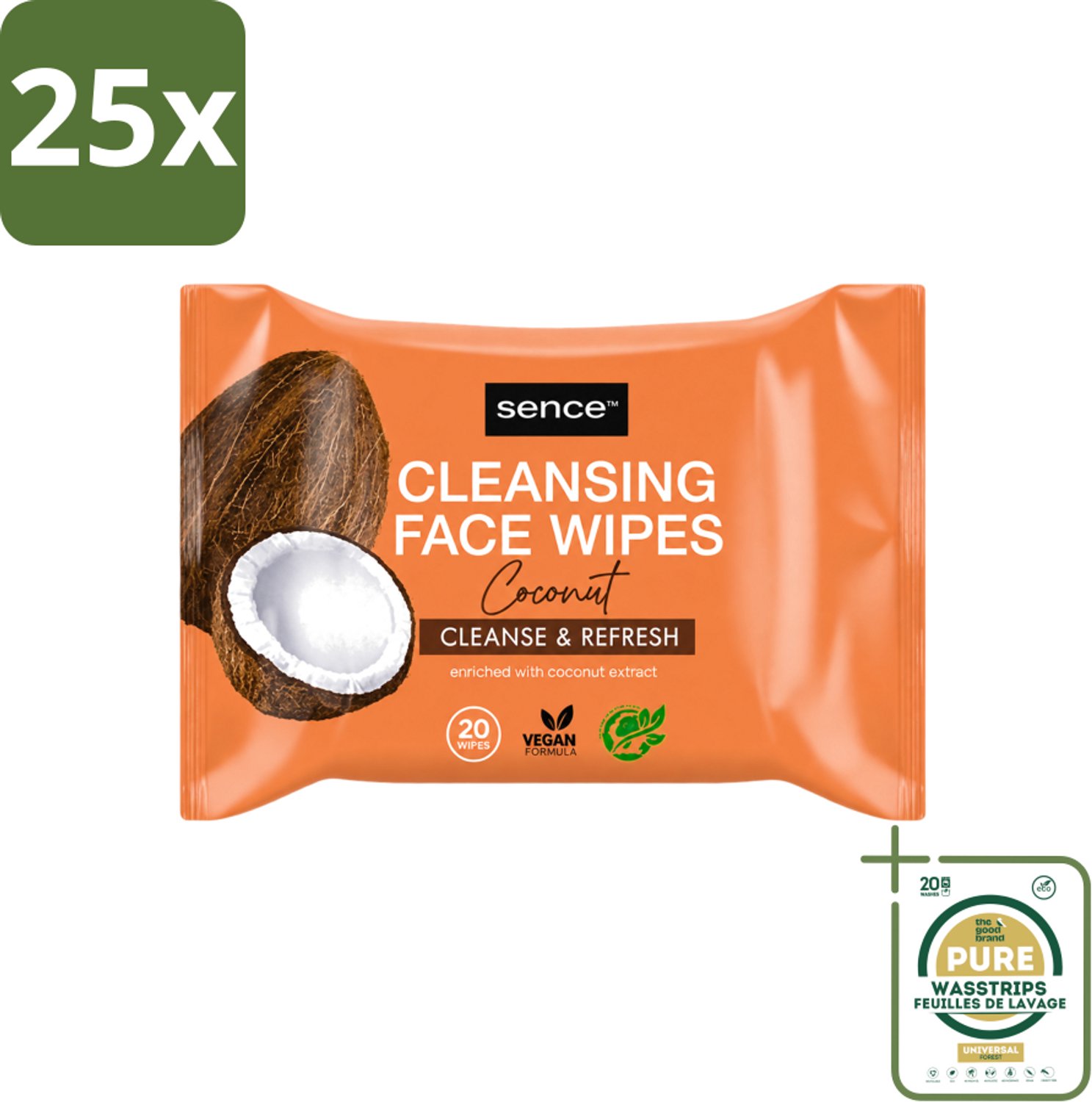 25 x Sence - Coconut - Gezichtsreinigingsdoekjes - Verzorgend - 20 Doekjes - Wasstrips - Gezichtsreinigingsdoekjes - Kokos - Huidverzorging - Make-up Verwijderen - Hydrateren