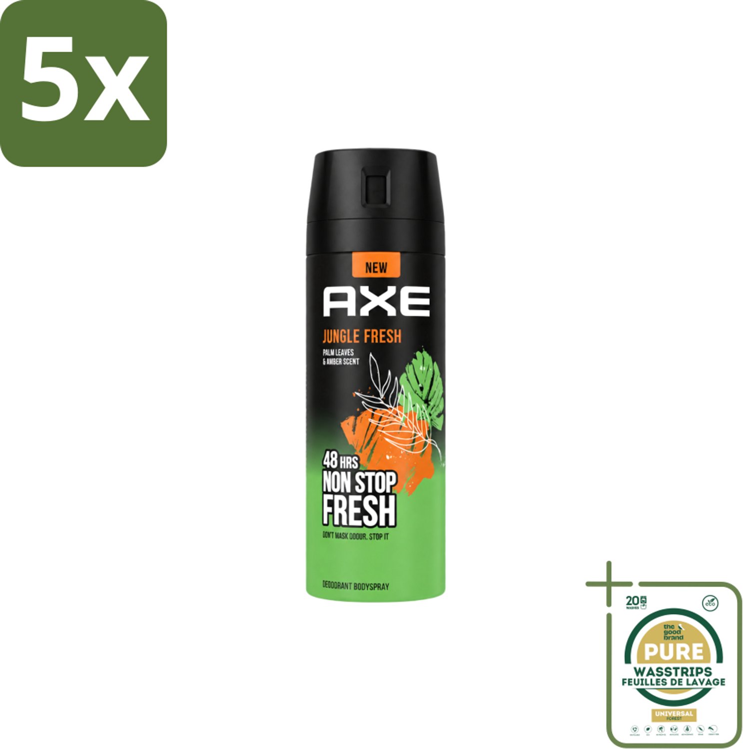 5 x Axe – Deodorant Bodyspray – Jungle Fresh – 150 ml - Wasstrips - Deodorant Bodyspray - Frisse Geur - 48 Uur Frisheid - Zinktechnologie - Palmbladeren Geur