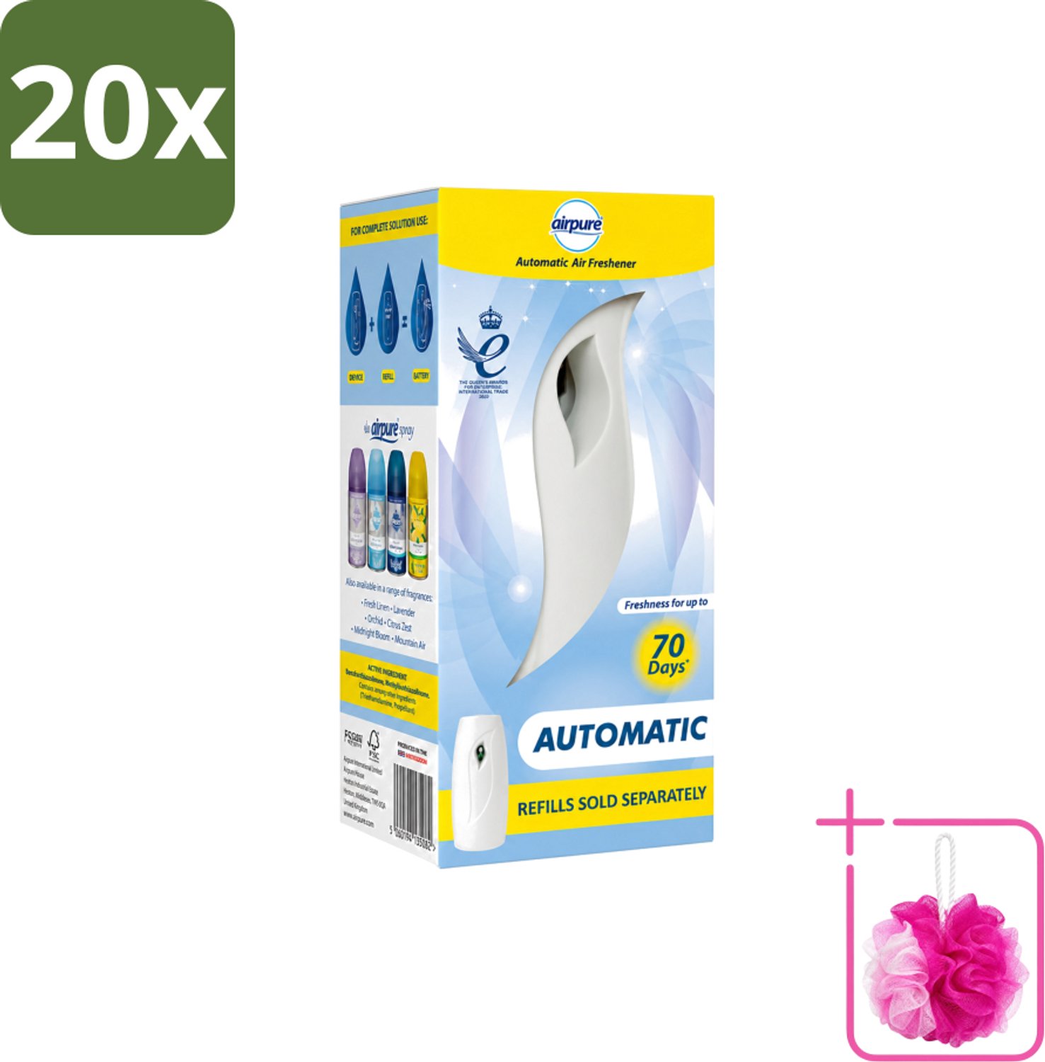 20 x Airpure - Luchtverfrisser - Freshmatic - Automatische Luchtverfrisser - Continue Geurverspreiding - 1 Luchtverfrisser - Bulkverpakking - Automatische luchtverfrisser - Douchemop - Geur dispenser