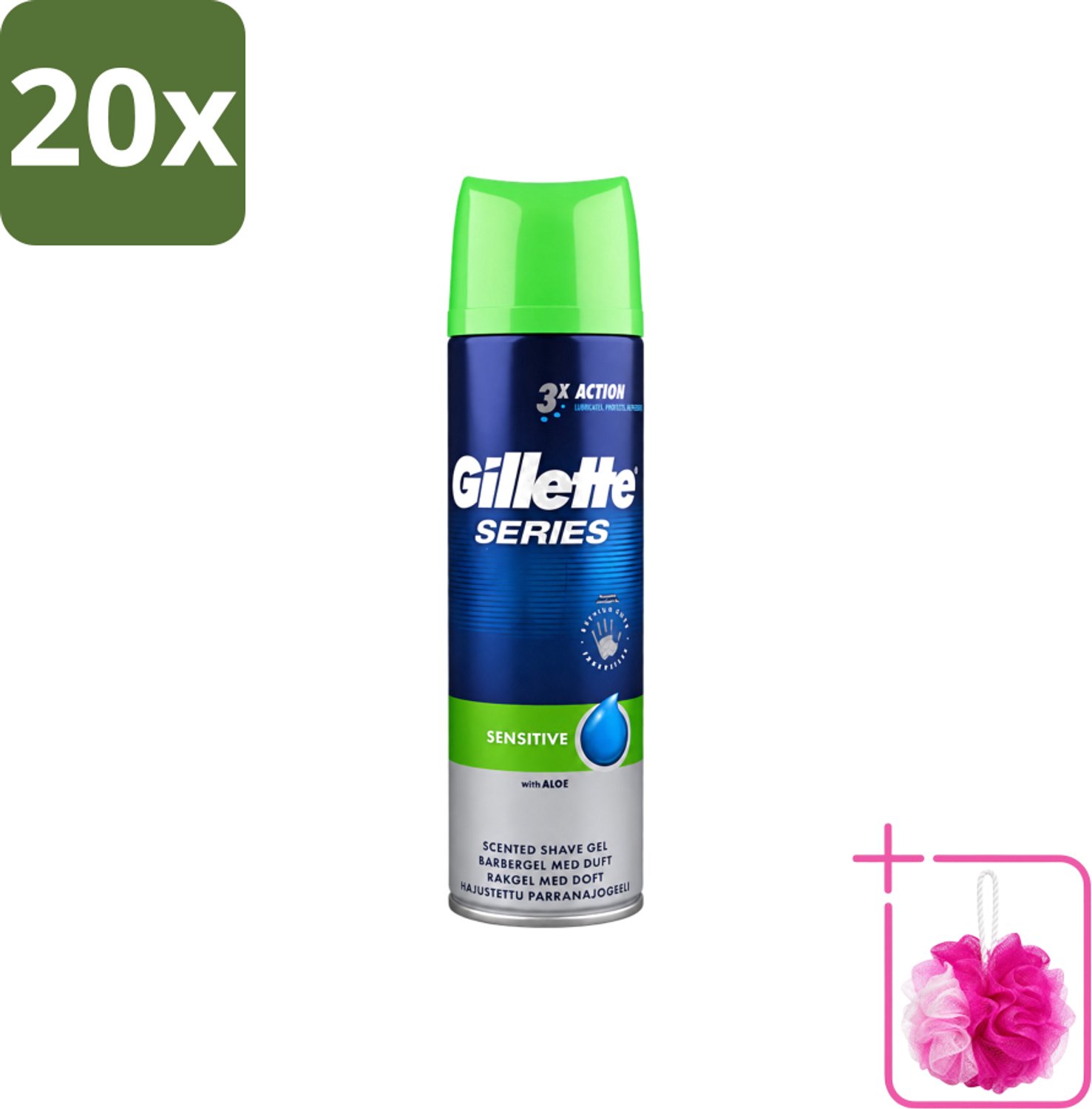 20 x Gillette Series - Scheergel - Sensitive - Aloe Vera - Voor de gevoelige huid - 200 ml - Bulkverpakking - Gevoelige huid - Douchemop - Scheergel