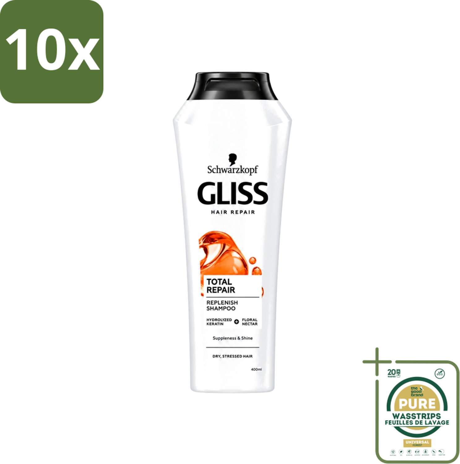 10 x Gliss-Kur - Shampoo - Total Repair - Herstelt & Versterkt - Gehydroliseerd - 400 ml - Wasstrips - Herstel Haar - Versterk Haar - Beschadigd Haar - Gespleten Haarpunten - Gezonde Glans