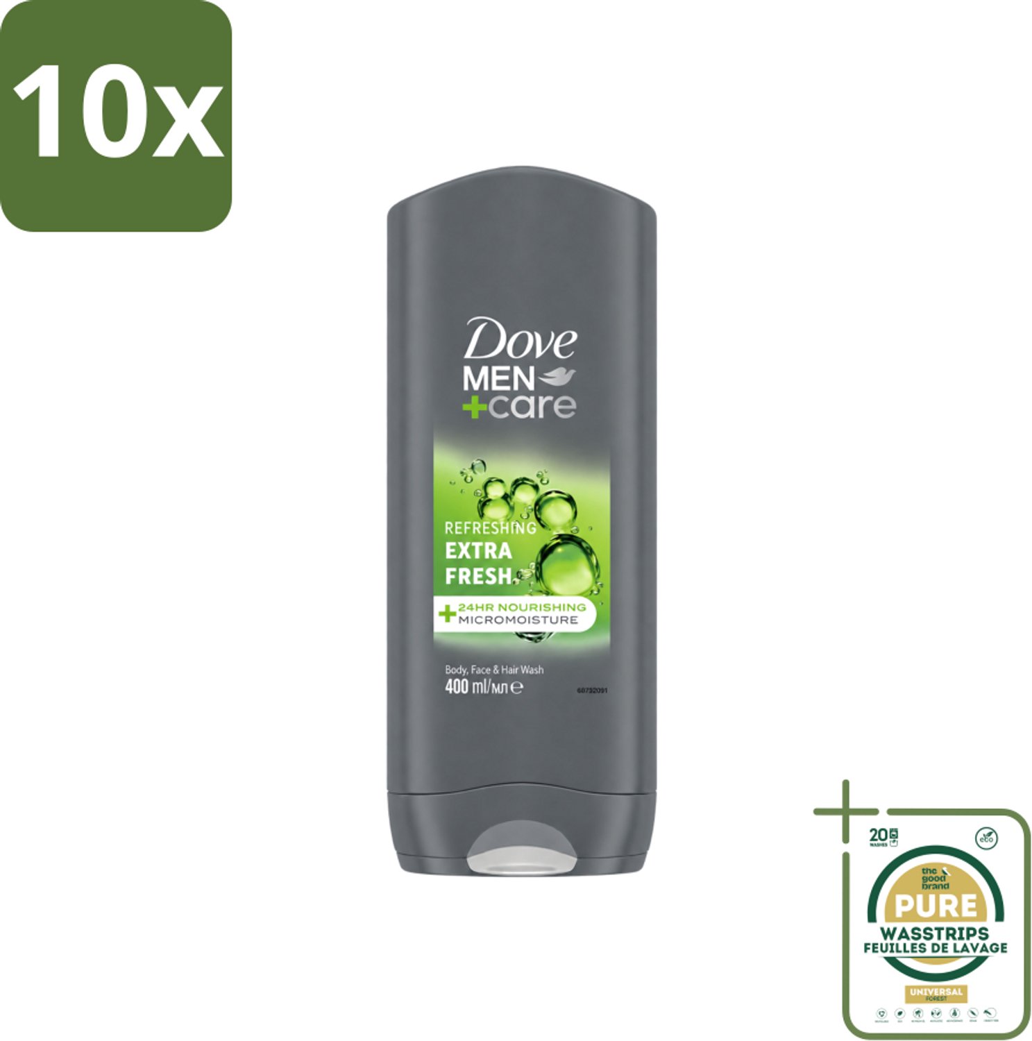 10 x Dove - Douchegel - Men+ Care Extra Fresh - Verfrissend - 400 ml - Wasstrips - Douchegel Mannen - Reiniging Mannenhuid - Frisse Geur - Energie Gevoel - Milde Douchegel