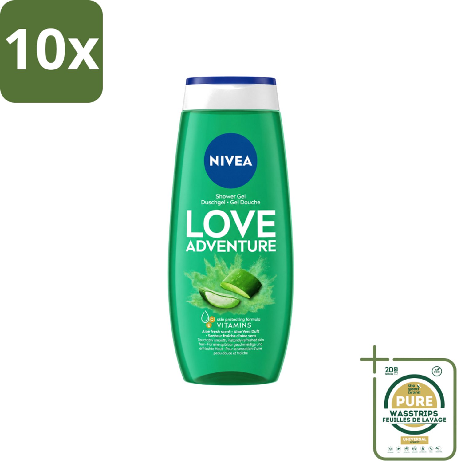 10 x Nivea - Love Adventure Douchegel - Huidbeschermend - 250 ml - Wasstrips - Douchegel - Huidbeschermend - Verfrissend - Vitamine C - Vitamine E
