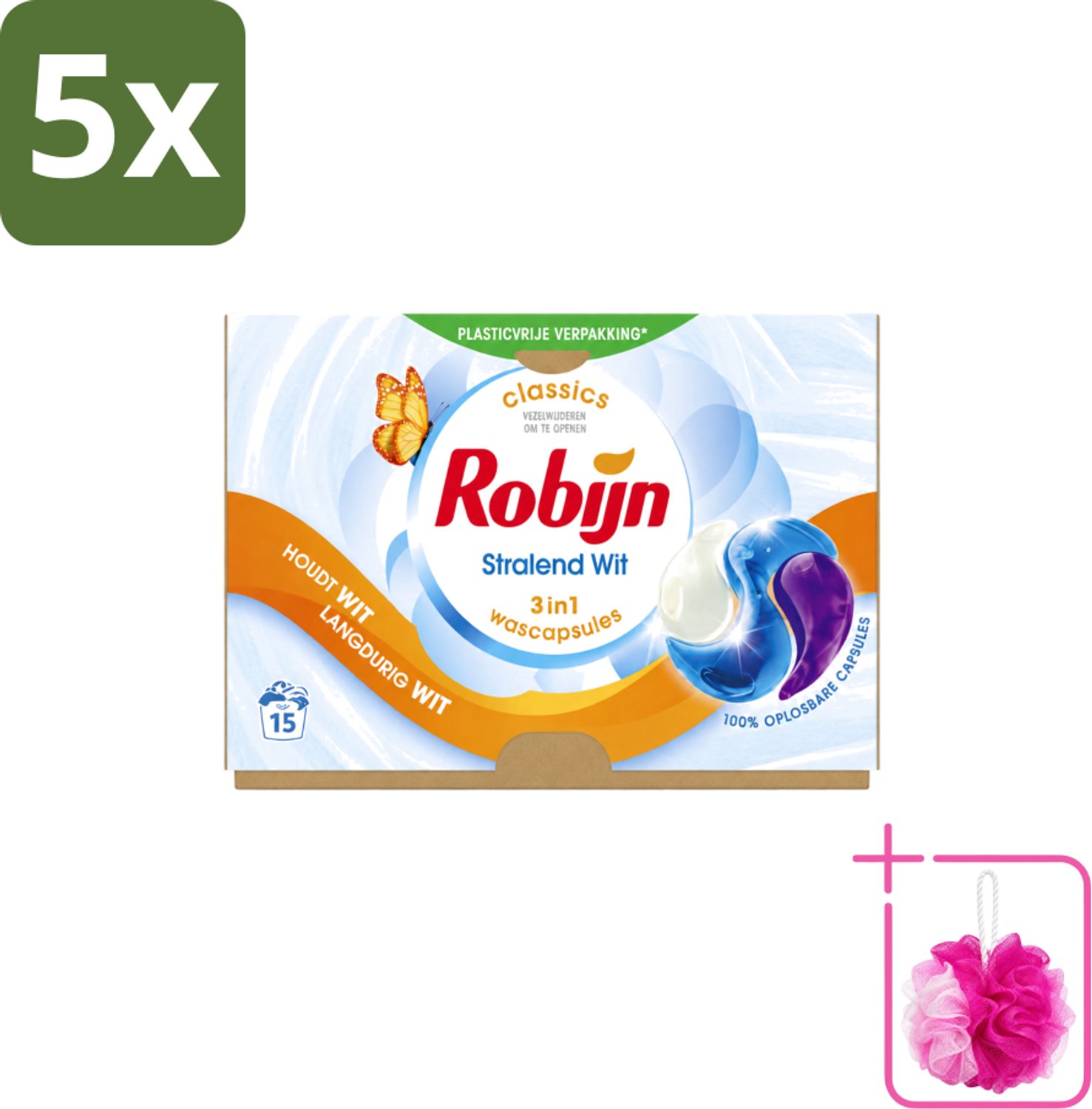 5 x Robijn – 3-in-1 Wascapsules – Stralend Wit – 15 capsules - Bulkverpakking - Wit was - Douchemop - Stralend Wit