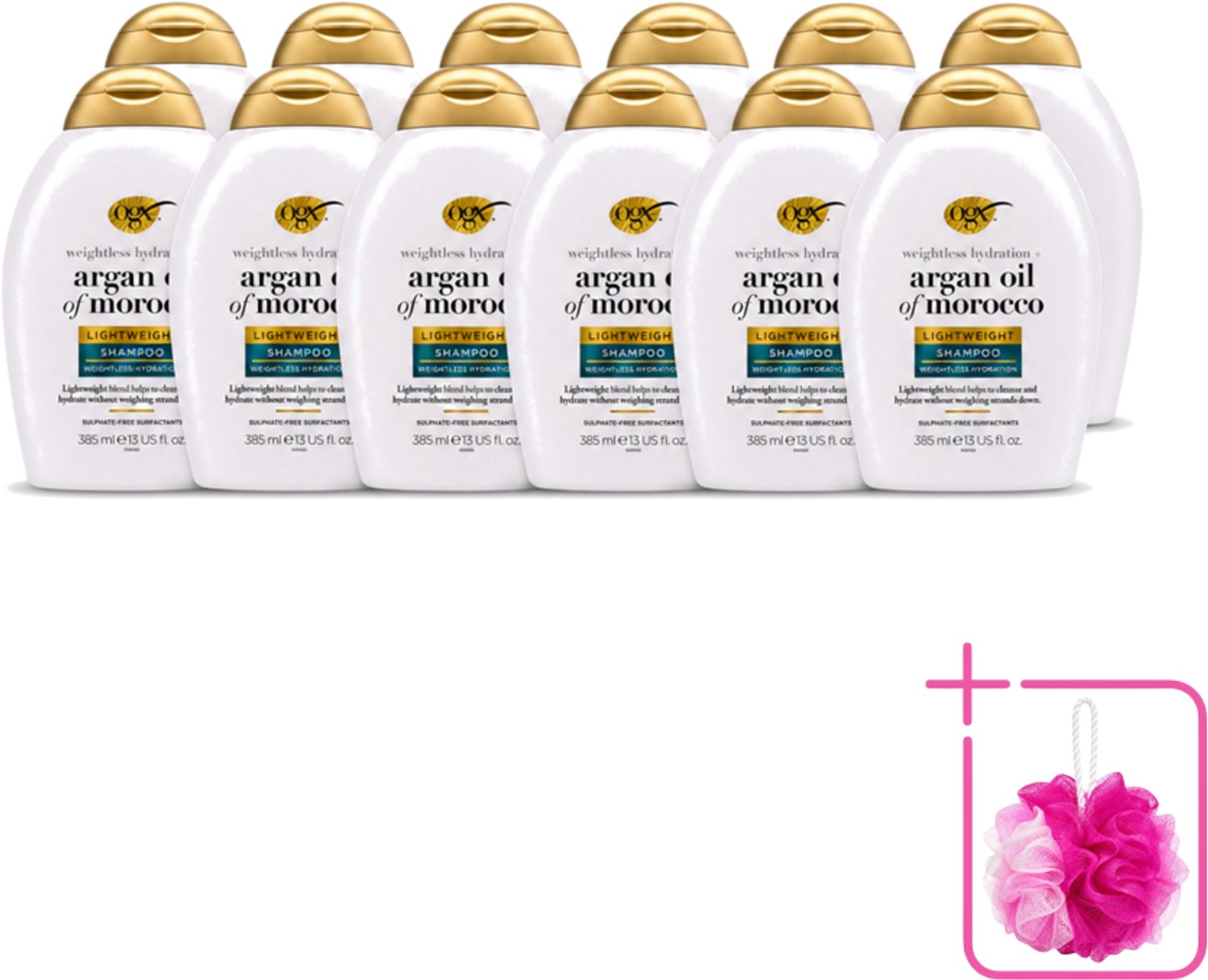 12 x OGX - Argan Oil of Morocco - Shampoo - Lichtgewicht - Voor Dagelijks Gebruik - 385 ml - Bulkverpakking - Luchtige shampoo - Douchemop - Arganolie shampoo