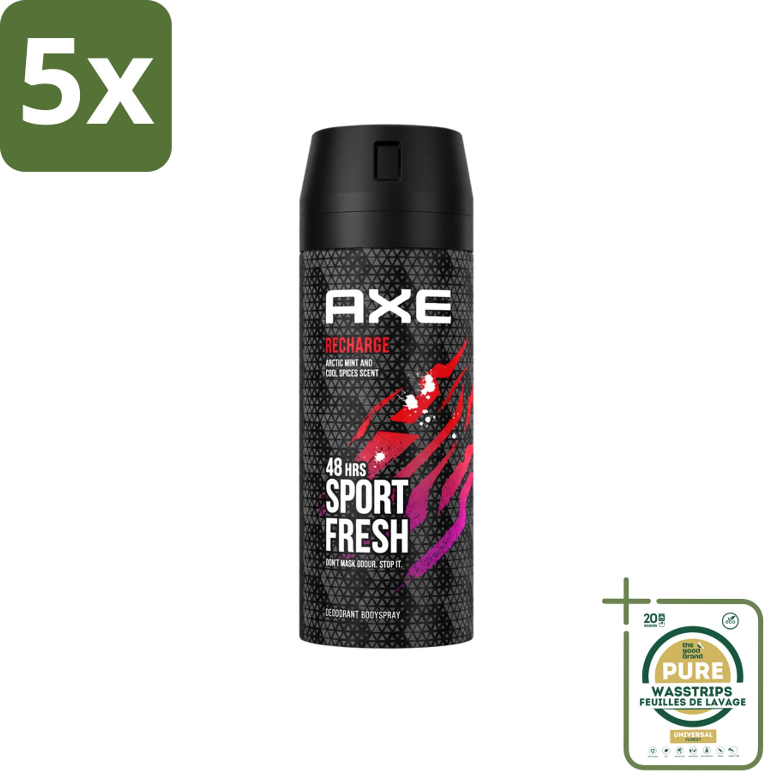 5 x Axe - Deodorant Bodyspray - 48hrs Sport Fresh - Recharge - Arctic Mint & Cool Spices - 150 ml - Wasstrips - Axe Deodorant - Sport Fresh - Deodorant Bodyspray - Axe Recharge - Axe Ice Chill