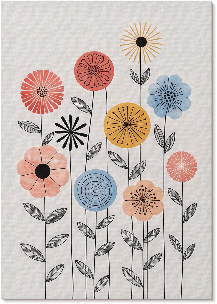 Tulup Polycanvas Wandposter - Bloemenpatroon, Illustratie - A4 - Wit Kunst - Rechthoek - Canvasposter - Woonkamer, Slaapkamer, Kantoor - Kinder
