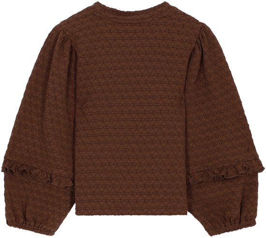 Bruine longsleeve met all-over patroon, ronde hals, pofmouwen en ruches bij de manchetten.