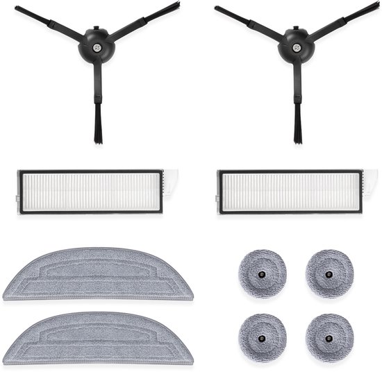 Twee stuks zijborstels, twee filters, twee gebogen dweildoeken en vier ronde microvezel dweildoekjes.