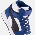 Hoge witte sneaker met blauwe en zwarte PUMA-strepen en veters.