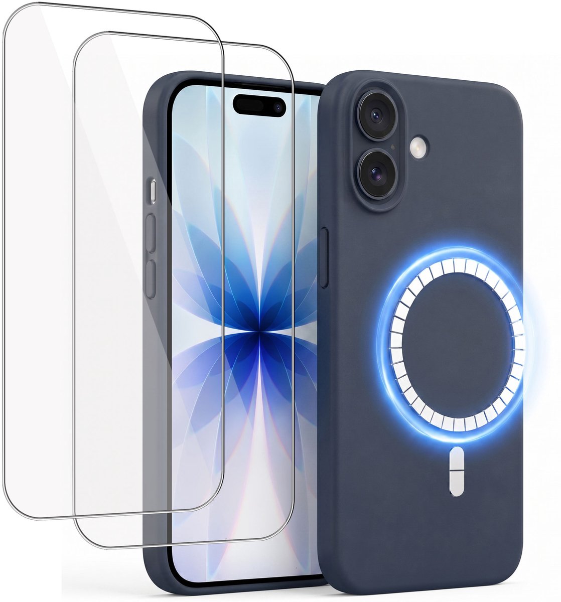 Hoesje + 2x Screenprotector geschikt voor Apple iPhone 17 - Hoesje geschikt voor Magsafe - Draadloos opladen - Gehard Glas - Marine blauw