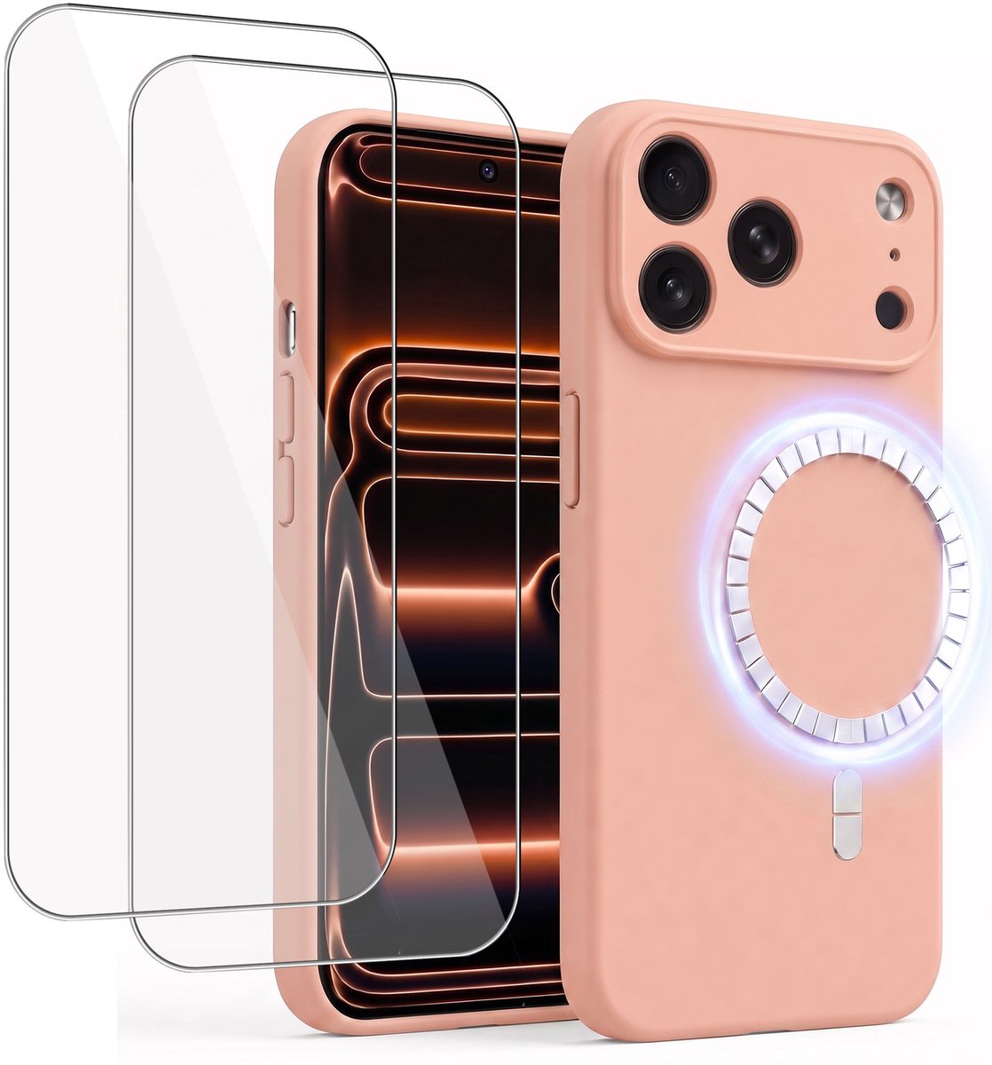 Hoesje + 2x Screenprotector geschikt voor Apple iPhone 17 Pro - Hoesje geschikt voor Magsafe - Draadloos opladen - Gehard Glas - Oud Roze