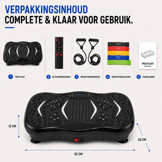 Zwarte trilplaat met afgeronde vormen en massage noppen, inclusief afstandsbediening, weerstandsbanden en handleiding. Afmetingen 52x32x12 cm.