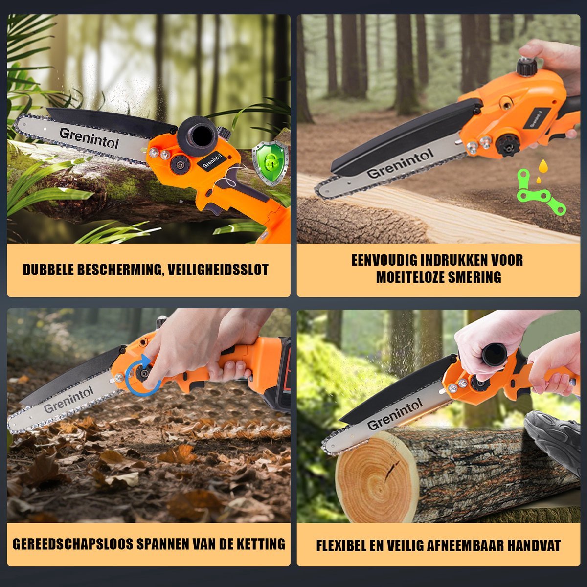 Grenintol Mini Kettingzaag - Snoeizaag - 8 inch - Kettingzaag - Snoeizaag voor Takken en Hout - Draadloze Elektrische Kettingzaag - 24V 9000mAh - 3 Accu's -Handzaag - Brushless Motor - Automatische Kettingsmering - 2 Kettingen & Opbergkoffer thumbnail 5