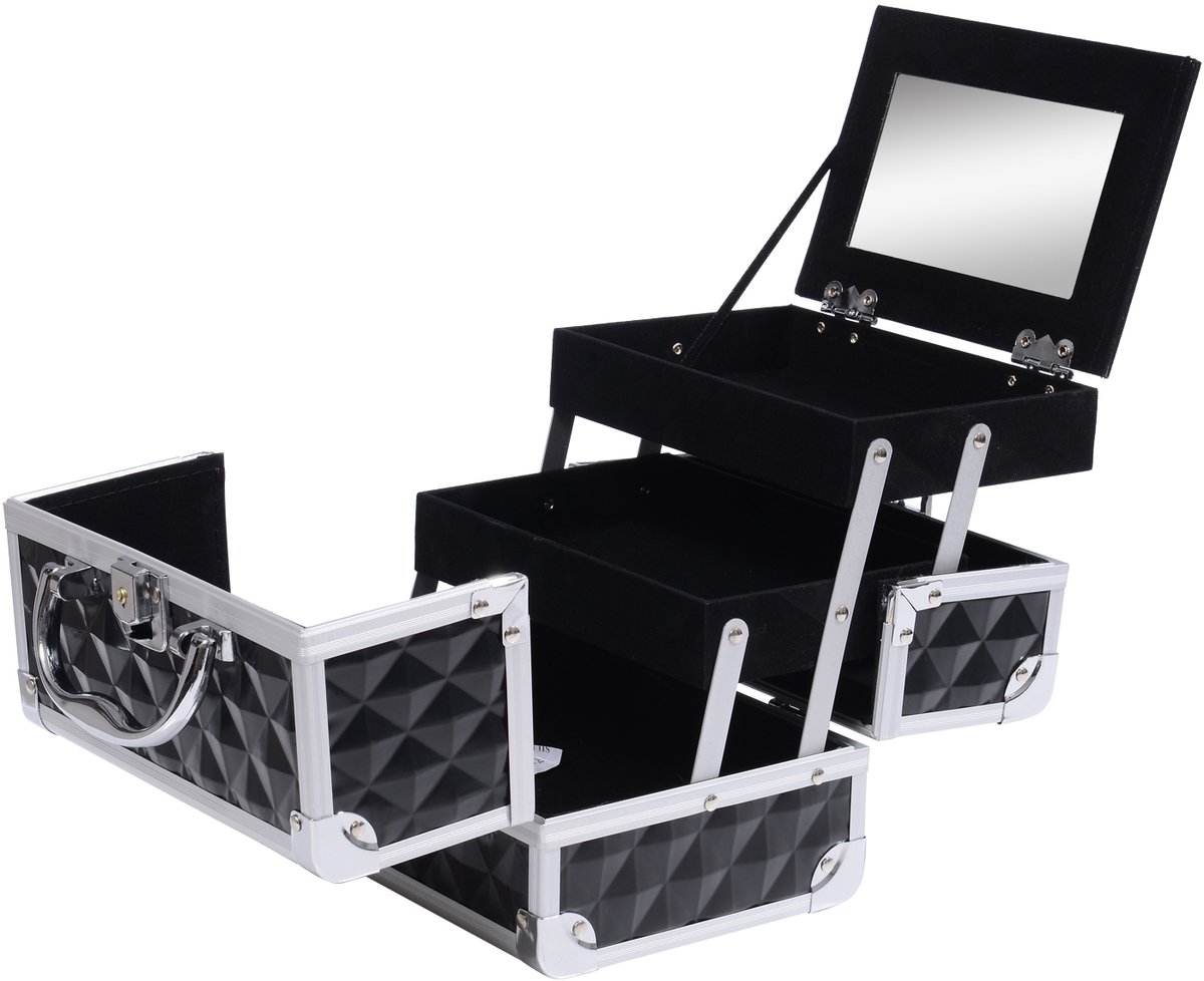 Make-upkoffer - opbergdoos met drie lagen en spiegel - inclusief 2 sleutels - 20x15x15cm - Aluminiumlegering - Zwart