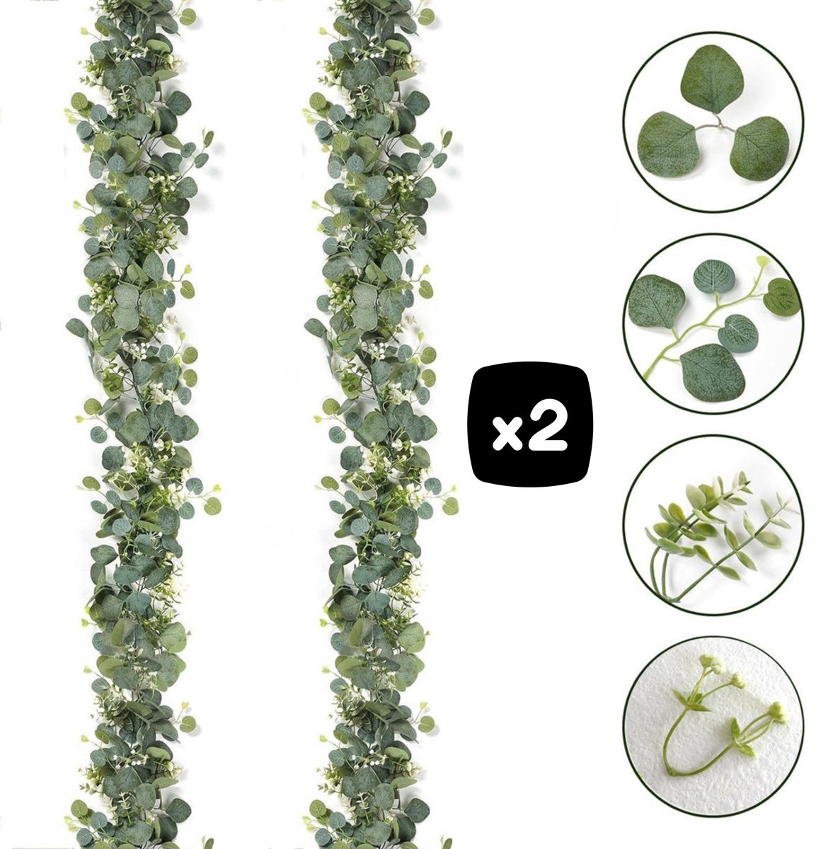 Goodli Kunstplant Eucalyptus Slinger met Witte Bloemen - 2x 180 cm Kunstbloemen en Hangplant voor Binnen & Buiten - Perfecte kamer Decoratie voor Bruiloft, Feest, Tafel of Muren - Realistische Groene Bladeren - Bladeren Hangplant Slinger