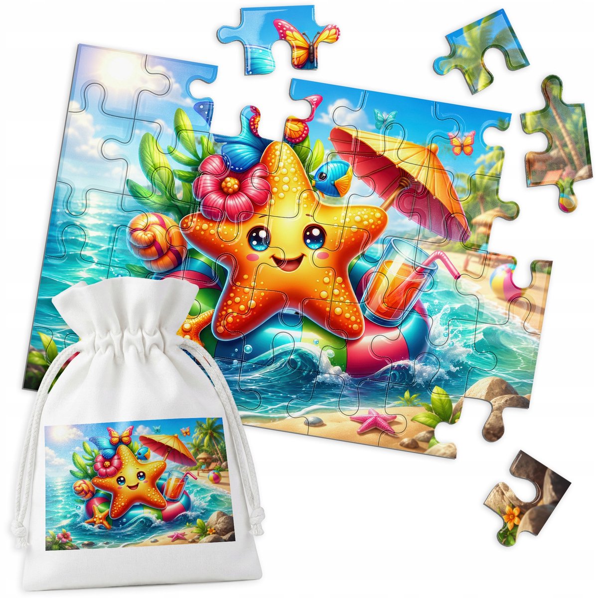 Merkloos Puzzel: Zeester, Bloemen, Vlinders, Strand, Palmboom - 35 Stukjes