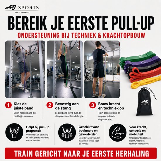 Drie foto's van mannen en vrouwen die AJ-Sports weerstandsbanden gebruiken voor pull-ups en krachtopbouw. Inclusief set van 5 banden.