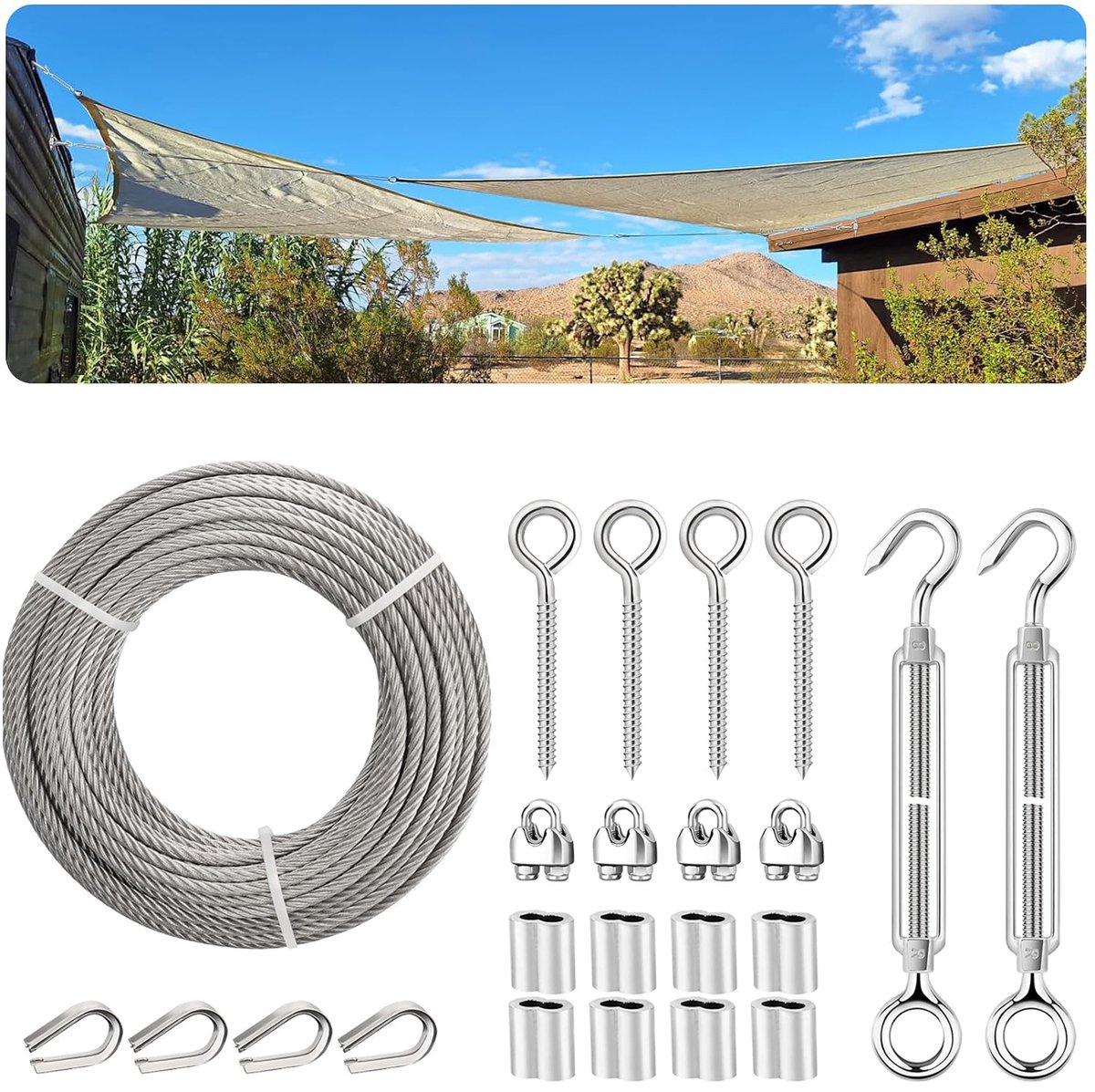 Staalkabelset - 15m Roestvrijstalen Kabel - Vliegtuigkabel - Spanschroef Draadspannerset - Met Spanschroef Klemmen En Vingerhoeden