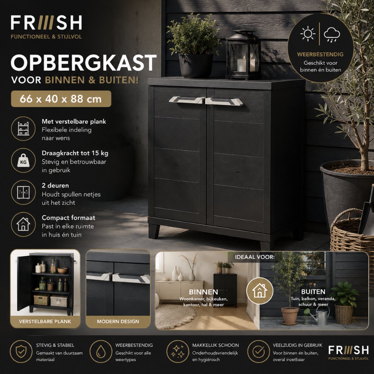 Opbergkast – 66 x 40 x 88 cm – 2 Deuren – Verstelbare Plank – Compacte Opbergkast - FRIISH