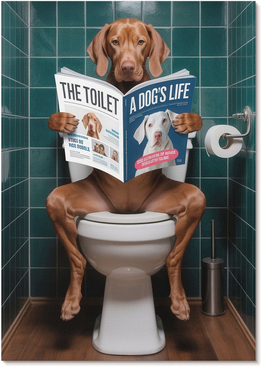 Tulup Polycanvas Wandposter - Hond Op Het Toilet, Illustratie - A4 - Groen Patroon - Rechthoek - Wandkunstwerk - Woonkamer, Slaapkamer, Kantoor - Humoristisch