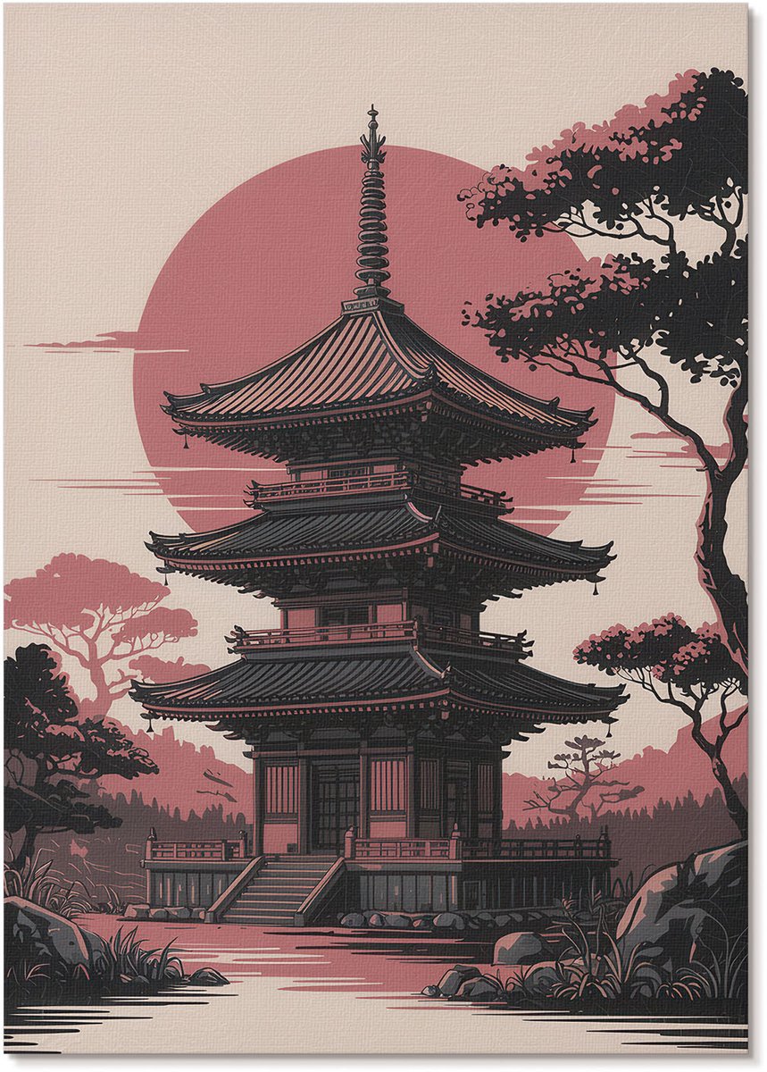 Tulup Polycanvas Wandposter - Tempel In Azië, Illustratie - A4 - Zwart Poster - Rechthoek - Canvasposter - Woonkamer, Slaapkamer, Kantoor - Japanse