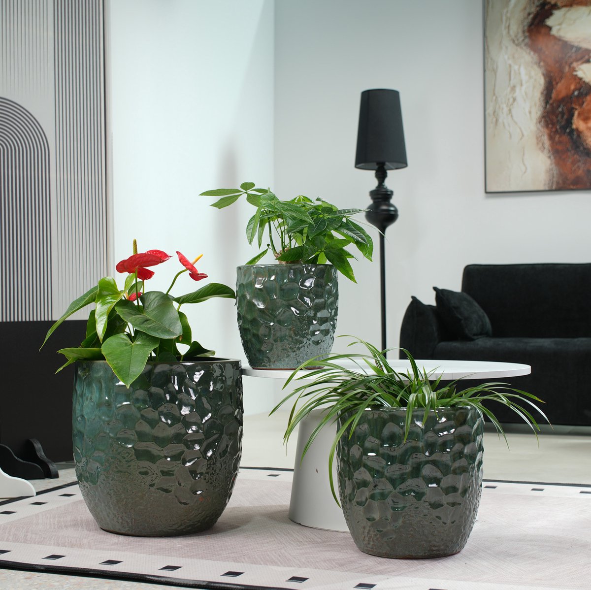 MIVRAY Bloempot – Glanzend Hamerslagreliëf – Ø 22,5 cm – Keramiek – Donkergroen – Voor Kamerplanten En Sukkulenten – Met Afwateringsgat