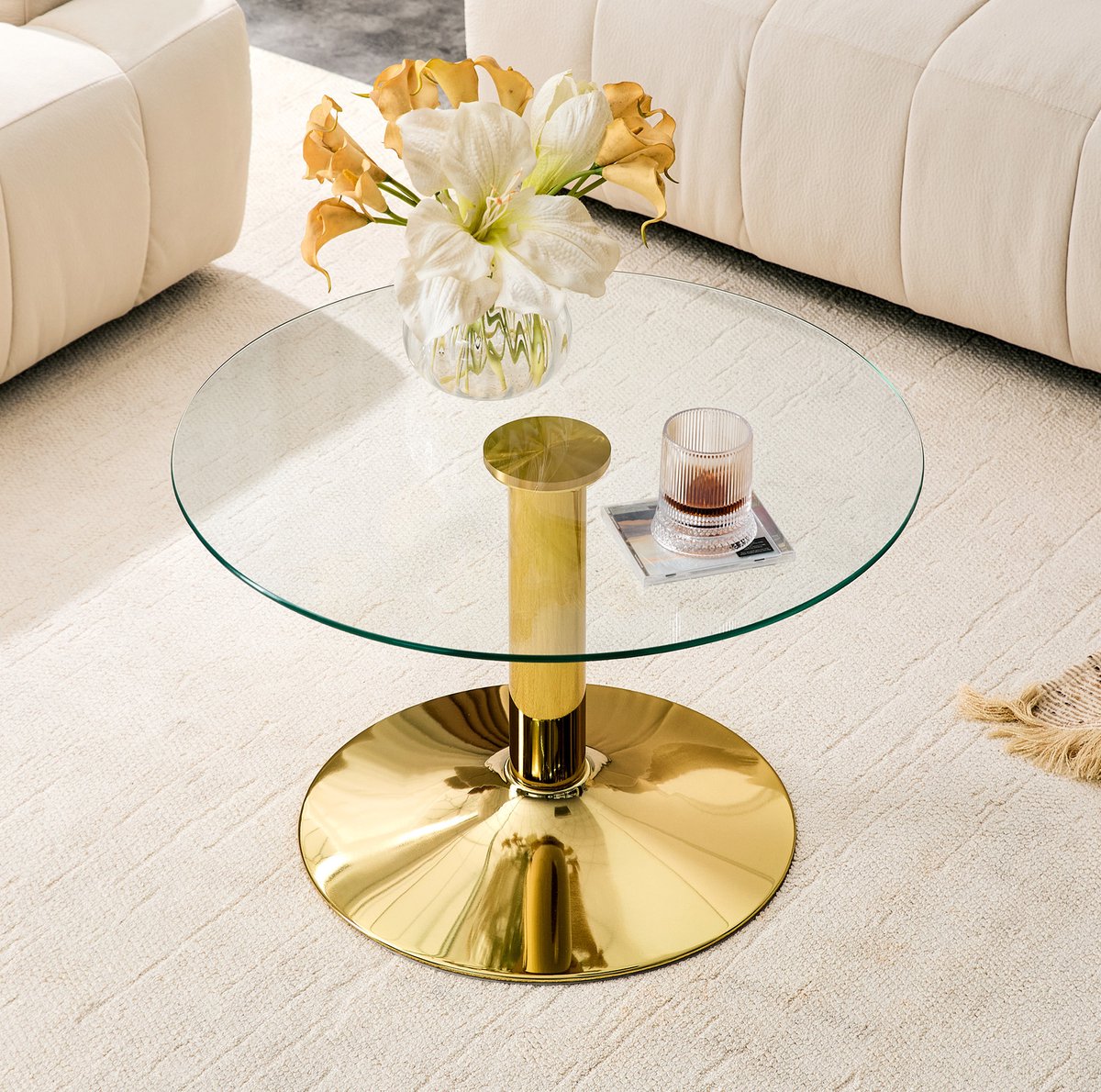 MODENUIT Salontafel - Ronde Glazen Tafel - Woonkamer - Gehard Glas En Metaal - 70x70x45 Cm - Goud