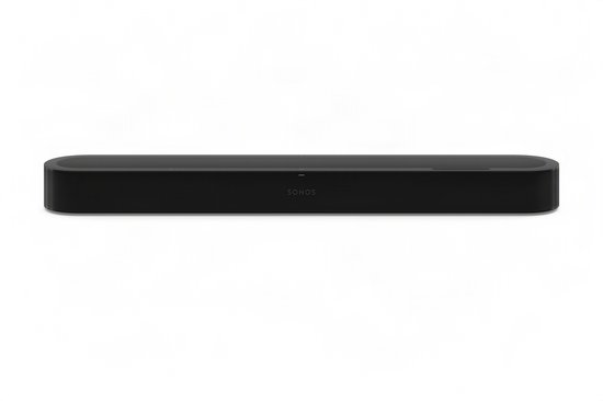 Zwarte Sonos soundbar met afgeronde hoeken en het Sonos logo in het midden.