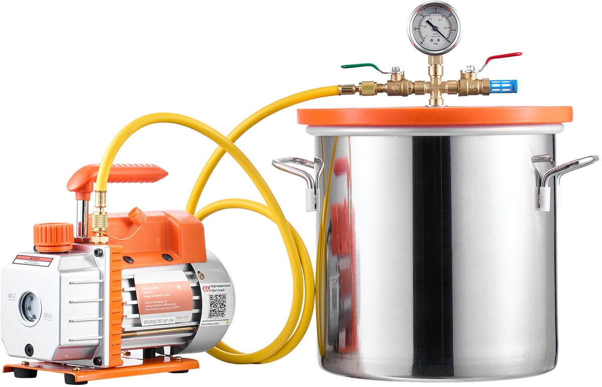 Vacuümpomp met 11,4 L Vacuümkamer, 3,5 CFM 99 L/min, 1-Traps Vacuümpomp 180 W, Vacuümpompset met 1,5 m Slang, Geschikt voor Houtstabilisatie en Ontgassing van Siliconenhars