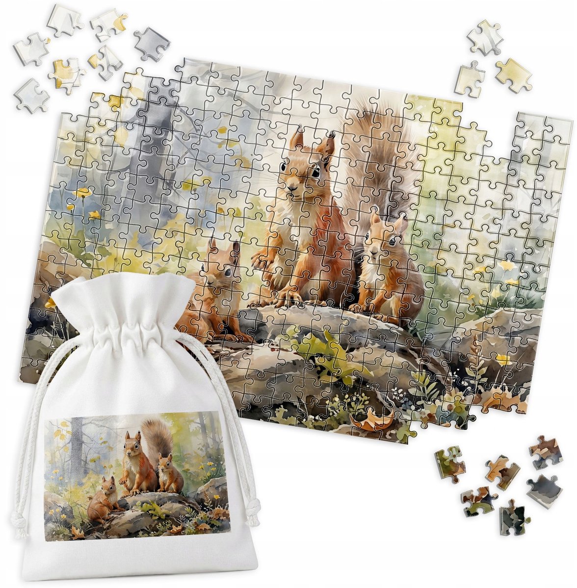 Puzzel 252 Stukken - Drie Eekhoorns Op Steen - Aquarel