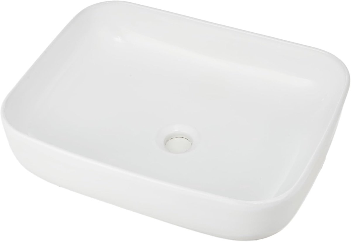 Rechthoekige Opbouw Wastafel met Dunne Rand - Keramische Waskom met Afgeronde Hoeken - Thin Edge Glanzend Wit Porselein - Wasbak voor Badkamer & Toilet