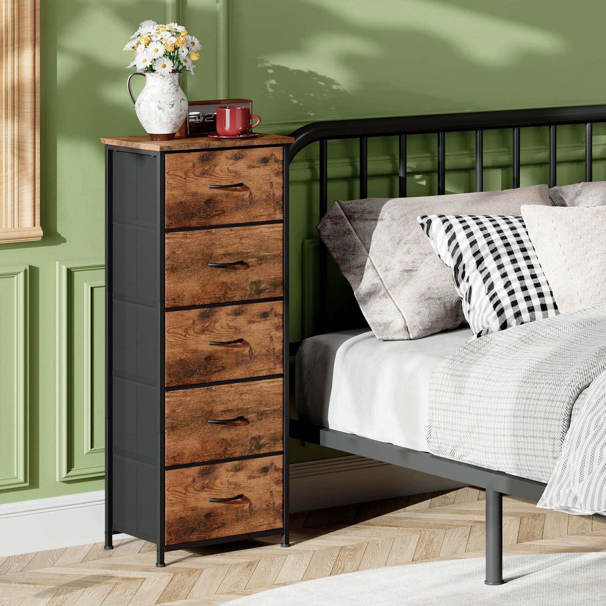 Opbergkast 5 lades staal frame opbergmeubel houtlook stof lades kast 45 x 30 x115 cm dressoir voor slaapkamer woonkamer antikantel ontwerp