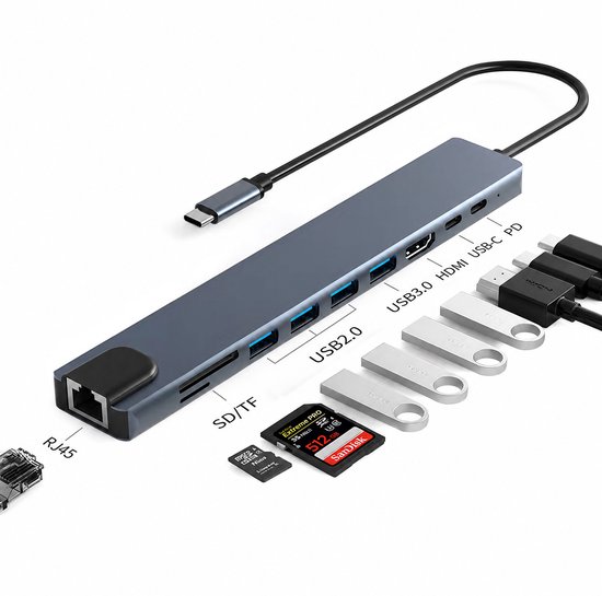 Zilverkleurige 10-in-1 USB-C hub met RJ45, SD/TF, USB 2.0, USB 3.0, HDMI, USB-C PD poorten. Inclusief USB-sticks en SD-kaarten.