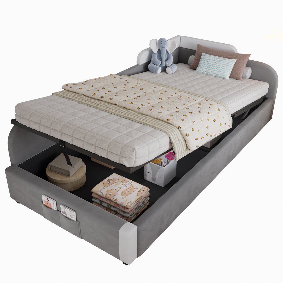 MUVANO Gestoffeerd Kinderbed 90x200 - Hydraulisch Bed Met Opbergruimte - Grijs Fluwelen Eenpersoonsbed - 90x200 cm - Met Opbergtas - Grijs
