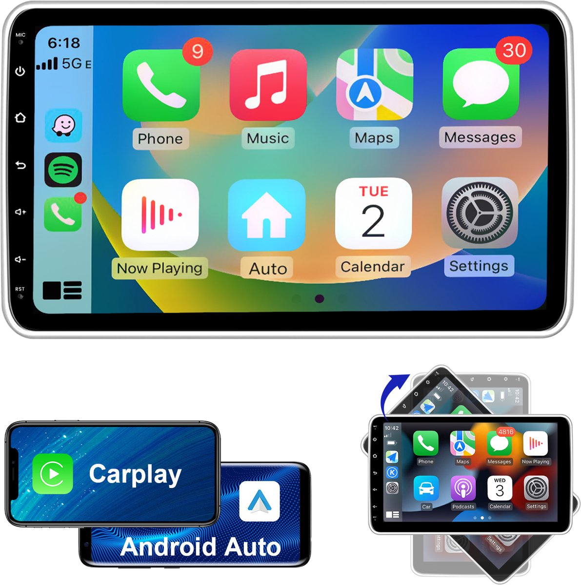 JUNSUN Android Autoradio met Carlay/Android Auto - 2+64GB - GPS-navigatiesysteem - WiFi - Bluetooth - 360° draaibaar scherm - Stuurwielbediening - RDS -USB